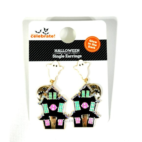 Halloween Haunted House Ghost Earrings Goldtone Glow In The Dark - Picture 2 of 7